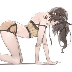 1girl absurdres ahoge all fours aqua eyes arched back blush breasts brown hair camisole commentary dolphin shorts engli…