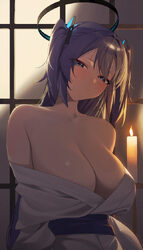1girl absurdres alternate breast size (larger) bare shoulders blue archive blue eyes blue hair blush breasts candle cle…