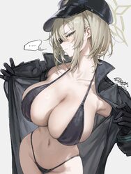... 1girl absurdres armpits bikini black bikini black coat black gloves blonde hair blue archive blush breasts cleavage…