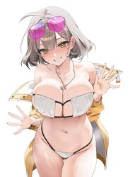 1girl absurdres anis (nikke) anis (sparkling summer) (nikke) bikini breasts brown hair eyepatch bikini eyewear on head …