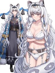 1girl absurdres animal ears arknights bell black dress blue cloak bra braid breasts cleavage cloak commentary crossed a…