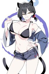 1girl animal ears bikini black bikini blue archive breasts collarbone commentary request cowboy shot denim denim shorts…