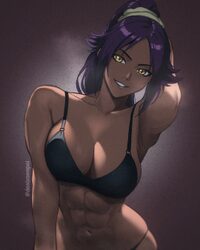 1girl abs absurdres akash senpai arm behind head arm up armpits bikini bilingual commentary black background black biki…