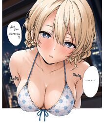 1girl bikini blonde hair blue eyes blush braid breasts cleavage collarbone commentary request darjeeling (girls und pan…
