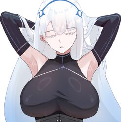 1girl armpit focus armpits arms behind head bare shoulders black shirt black sleeves blue hairband breasts closed eyes …