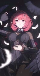 1girl absurdres black bow black dress black shrug black wings bow breast strap breasts chest belt commentary request dr…