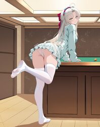 1girl absurdres ahoge aqua dress aqua eyes ass billiard table blush breasts cameltoe carlotta (wuthering waves) closed …