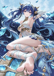 1girl absurdres ahoge ancient greek clothes arm up armpits bare shoulders bikini blue eyes blue hair breasts detached s…