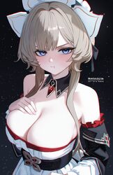 1girl  t absurdres alternate breast size (larger) artist name bare shoulders black background blue eyes blush breasts b…