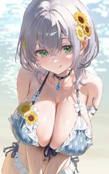 1girl  q absurdres bare shoulders beach bikini black choker blue bikini blush breasts choker cleavage closed mouth coll…