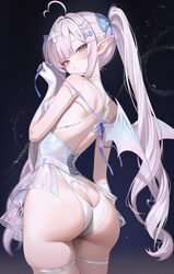 1girl abpart absurdres ahoge ass bare shoulders blue eyes bow closed mouth elbow gloves english commentary fishnet thig…