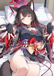 1girl animal ear fluff animal ears black hair blue archive blush breasts commentary request foreshortening fox ears fox…
