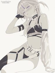 1girl arm strap belt black panties blunt bangs commentary detached sleeves english commentary gloves greyscale hand up …
