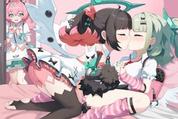 3girls angels of delusion aqua streaks aria (human) (zenless zone zero) aria (zenless zone zero) arm warmers ass bag ba…