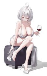 1girl absurdres adjusting footwear ahoge alcohol ankle strap bare legs bare shoulders breasts cleavage closed eyes clos…