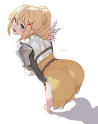 1girl absurdres armor ass bare legs barefoot belt bent over blonde hair blush braid breastplate breasts commentary dark…