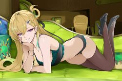 1girl ass black bra black nails black panties black shoes blonde hair bra bracelet breasts bright moon brown thighhighs…