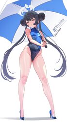 1girl absurdres bare shoulders black hair blue archive blue leotard blue shoes blush braid braided bun commentary doubl…