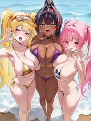 3girls 4ddd absurdres ahoge animal print badge bare shoulders barefoot bay (nikke) beach bemani bikini black hair blond…