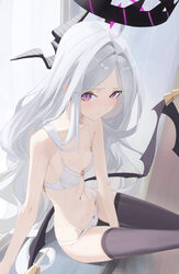 1girl ahoge black halo black horns black thighhighs blue archive blush bra breasts commentary demon girl demon horns de…