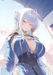 1girl absurdres ascot blue dress breasts cleavage commentary request dress earrings grey hair highres hyeon sungshin je…