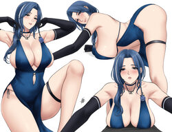 1girl armpits ass bare shoulders black gloves blue dress blue hair blush breasts cleavage clothing cutout curtained hai…