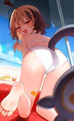 1girl  d ahoge aotake iro ass bandaid bandaid on leg barefoot beach umbrella bikini blonde hair blue sky brown hair clo…
