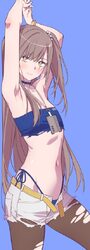 1girl absurdres andrian januar adilia armpit focus armpits arms up bandeau belt bikini blue background blue bikini blue…