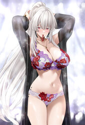 1girl adjusting hair alternate breast size (larger) armpits arms behind head arms up bare shoulders blush bra breasts c…