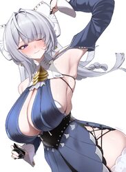 1girl absurdres armpits artist name black gloves blue sleeves blunt bangs bow breasts closed mouth commentary detached …