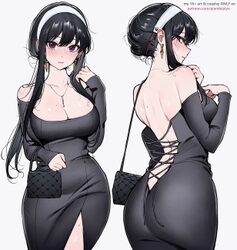 1girl absurdres ass back bag bare shoulders black bag black hair black sleeves blush breasts cleavage closed mouth coll…