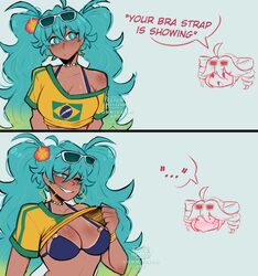 ... 2girls 2koma ahoge alternate breast size (larger) aqua eyes aqua hair black bra bra bra strap brazilian flag brazil…