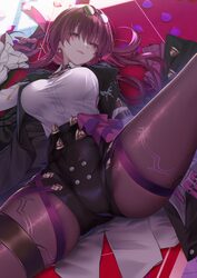 1girl absurdres arm strap black jacket breasts chest harness commentary request eyewear on head gloves gumypunch hair b…
