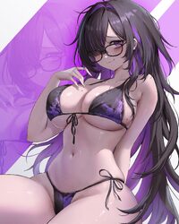 1girl absurdres alternate costume bare shoulders bikini black bikini black hair blush breasts cleavage colored inner ha…