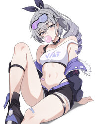 1girl arm support bare shoulders black boots black choker black shorts blowing bubble gum boots breasts chewing gum cho…