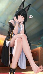 1girl ? absurdres animal ear fluff animal ears bare shoulders barefoot black dress black hair closed mouth couch dress …