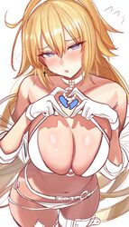 0nineo9 1girl absurdres arms up bikini blonde hair blue eyes blush breasts choker choppy bangs cleavage commentary cowb…