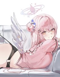 1girl black panties blue archive breasts commentary couch crescent dolechan gradient halo hair bun halo highres large b…