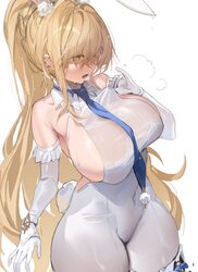 1girl absurdres animal ears bare shoulders blonde hair blue necktie breasts commentary covered groin covered navel elbo…