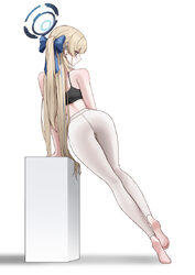 1girl 4meart0112 absurdres alternate costume ass barefoot black tank top blonde hair blue archive blue halo bow breasts…