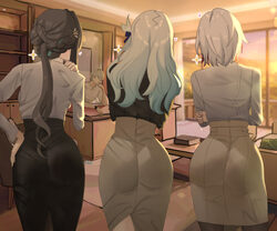 1boy 3girls absurdres ass black hair black shirt blue hair braid caelus (honkai  star rail) commentary curvy desk dress…