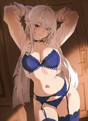 1girl absurdres arms up blue bra blue choker blue garter belt blue panties blue thighhighs blunt bangs bra breasts chok…