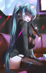 1girl absurdres aqua hair aqua nails between legs black bra black skirt black thighhighs blush bra breasts brown eyes c…