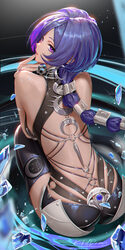 1girl ass back back focus black shorts boots breasts commentary crescent crescent earrings earrings from behind highres…