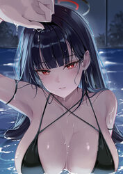 1girl absurdres alternate costume bikini black bikini black hair black halo blue archive blunt bangs breasts cleavage h…