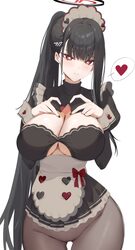 1girl alternate costume apron black hair black halo black pantyhose blue archive blush bow breasts bright pupils camelt…