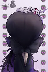 1girl amen pose (meme) ass ass focus black cardigan black dress black hair cardigan colored inner hair commentary dokto…