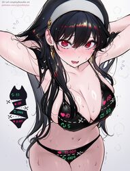 1girl @ @ absurdres adjusting hair alternate costume armpits arms behind head arms up bikini black bikini black hair bl…