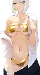1girl absurdres bikini breasts clothes pull colored inner hair commentary eloise (the atko) english commentary gold bik…
