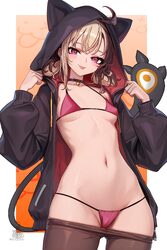 1girl  p absurdres ahoge alternate costume animal hood bell black jacket black pantyhose blonde hair bra breasts brown …
